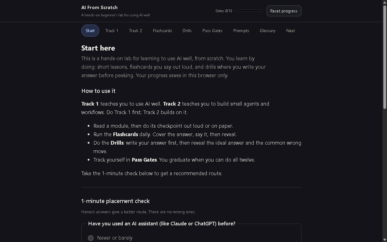 Screenshot of the AI From Scratch learning lab: a beginner's lab for using AI well, with Start, Track 1, Track 2, Flashcards, Drills, Pass Gates, Prompts and Glossary sections.